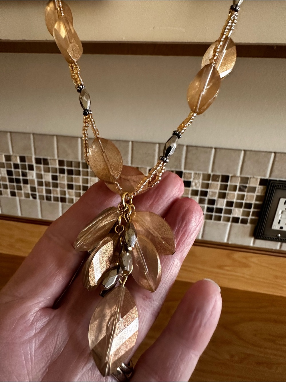 Artisan Gold-Tone Beaded Leaf Pendant Necklace
